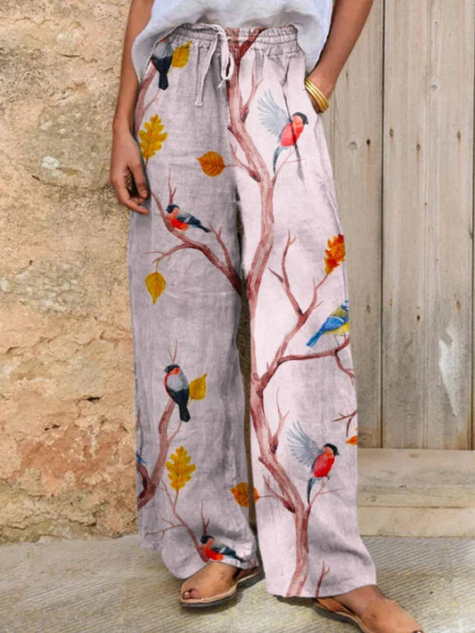 Comstylish Women's Cute Bird Art Linen Wide Leg Pants