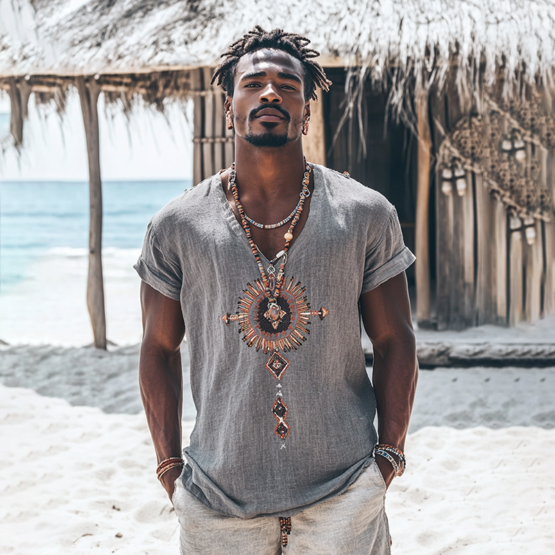 Bohemian Tribal Embroidery Print Art Painting Linen Casual V-neck T-shirt elevenforest