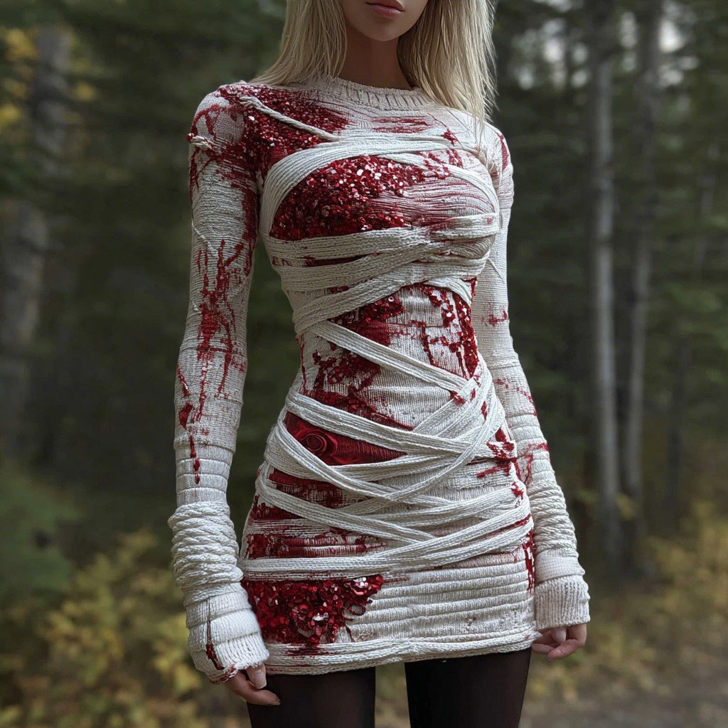 Comstylish Classy Sequins Bloody Bandages Knit Sweater Dress