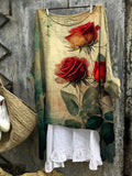 Women's Vintage Rose Print Linen Blend Shirt elevenforest