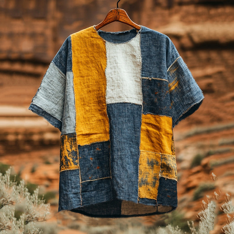 Men's Contrast Color Patchwork Linen T-shirt elevenforest