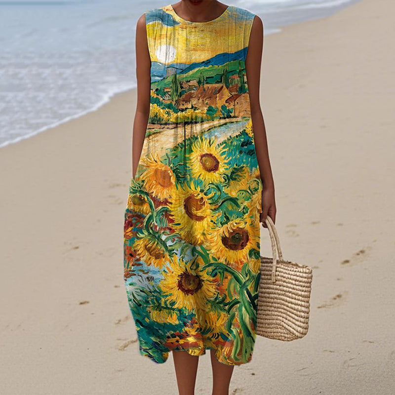 Women's Sunflower Art Print Sleeveless Casual Midi Dress elevenforest
