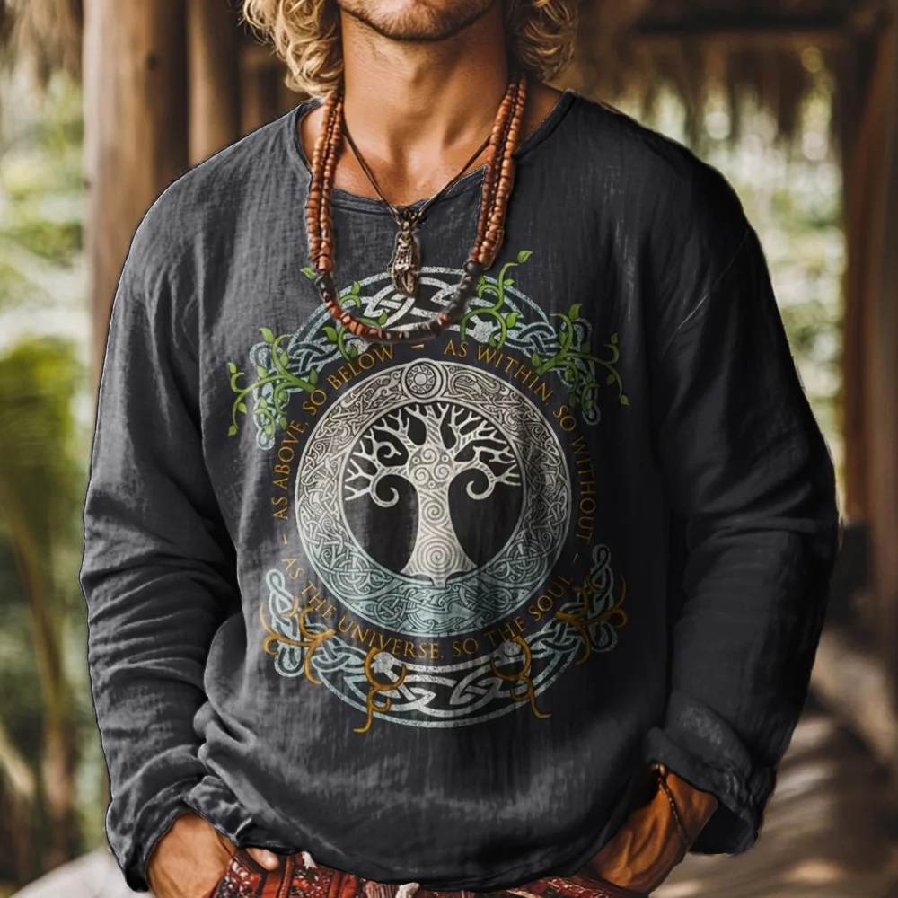 Men's Art Painting Tree Of Life Gradient Retro Print Round Neck Long Sleeve Linen T-shirt elevenforest