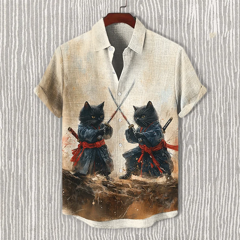 Men's Retro Black Cat Warriors Duel Art Casual Short Sleeve Shirts elevenforest