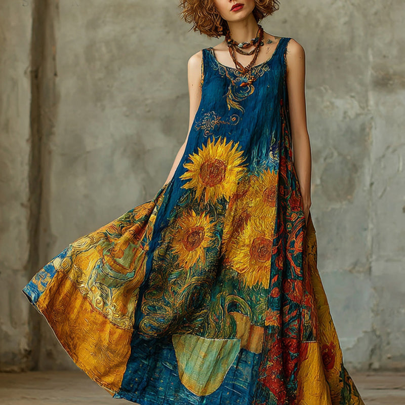 Women's Oil Painting Sunflower Art Print Round Neck Tank Midi Dress