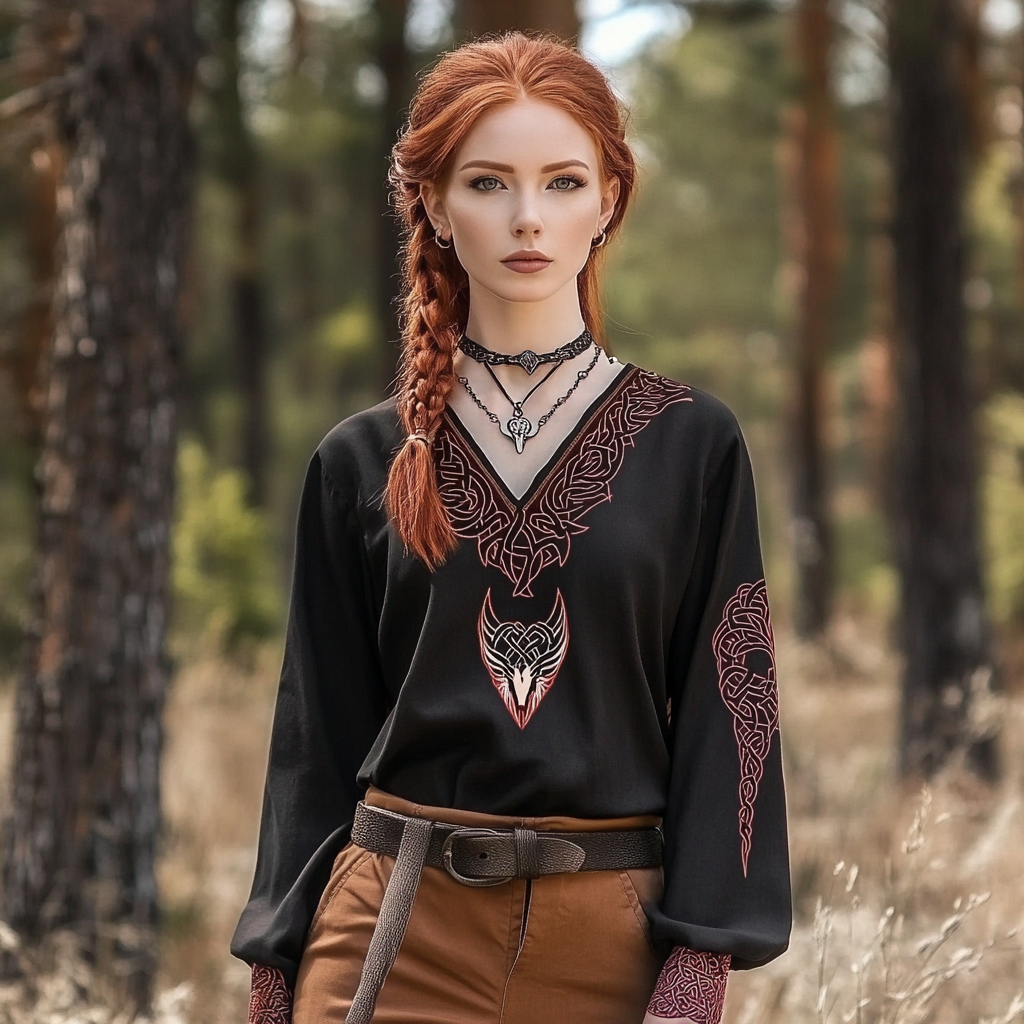 Vintage Viking Wolf Rune Print Linen V-neck Shirt elevenforest