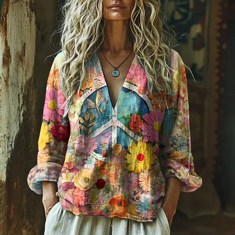 Vintage Hippie Vibe Peace And Love Hippie Floral Painting Art  Linen V Neck Long Sleeve Shirt elevenforest