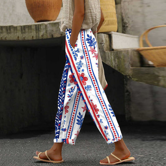 Comstylish Women's Red White Blue Floral Stripes Print Casual Pants