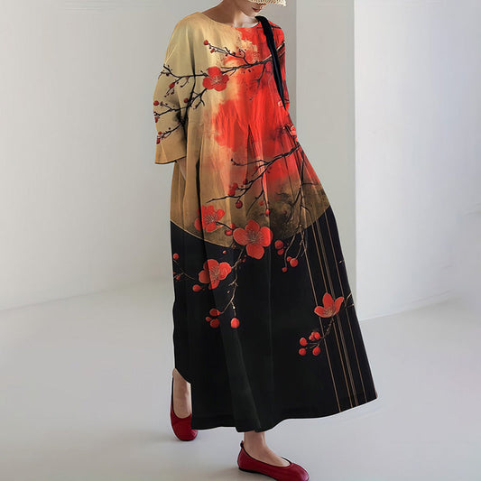Comstylish Women's Japanese Cherry Blossom Print Midi Dress