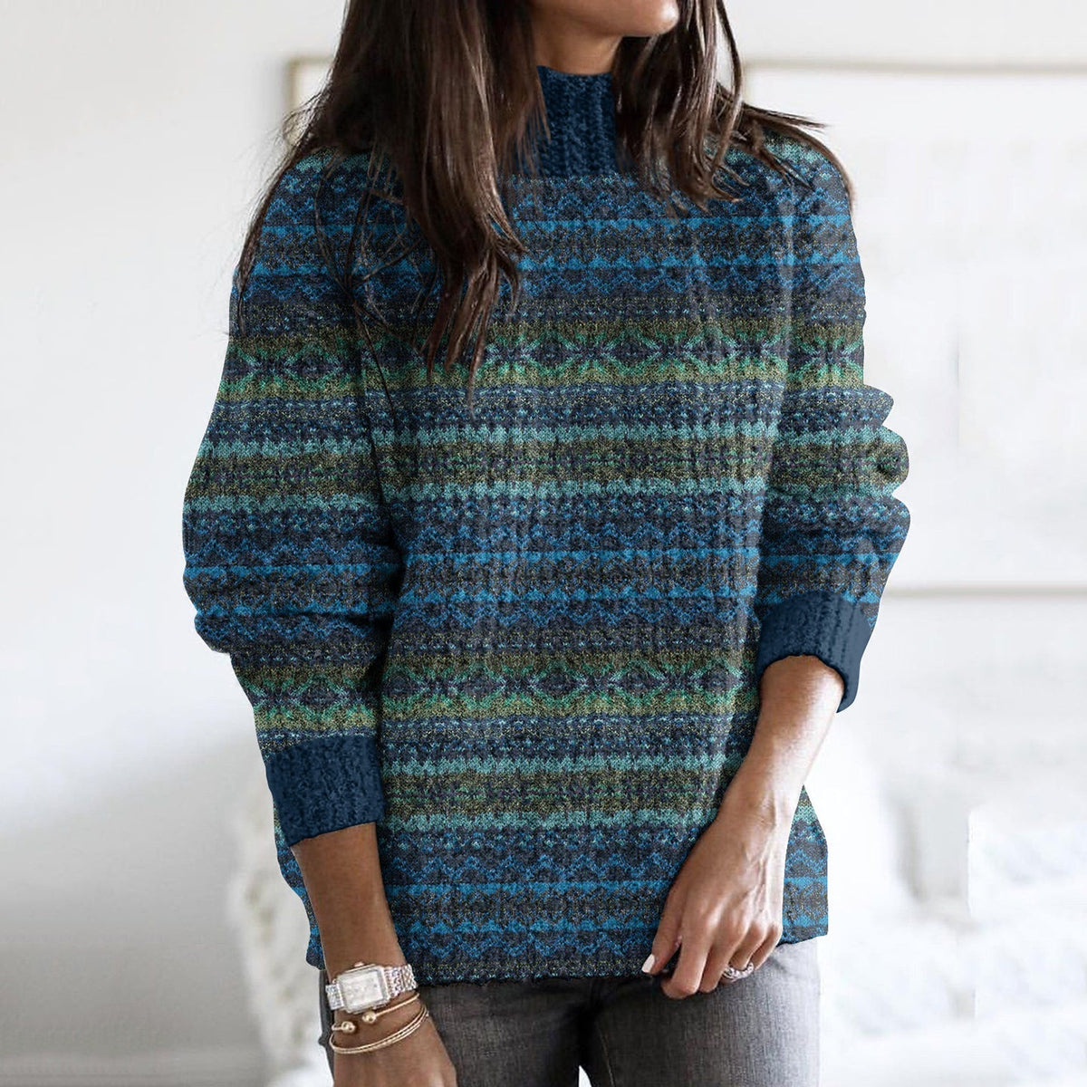 Vintage Geometry Iceland Jacquard Cozy High Collar Sweater elevenforest