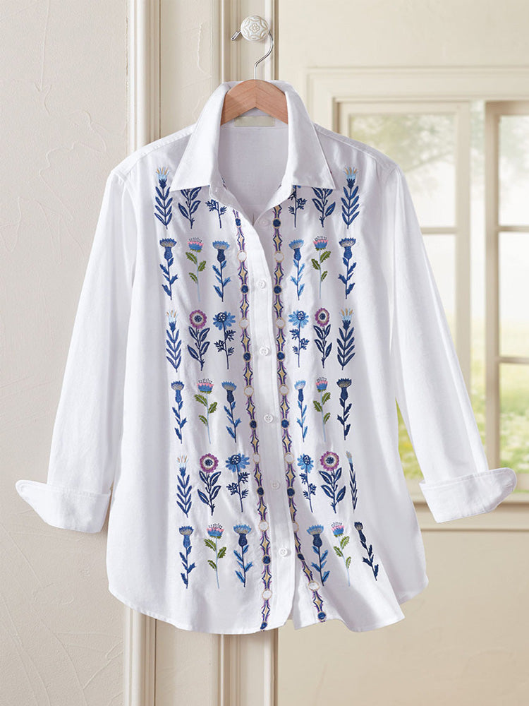 Women's Casual Floral Embroidery Print Cotton Shirt elevenforest
