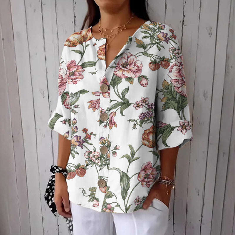 Women's Floral Print Button Linen Blend Casual Shirt elevenforest