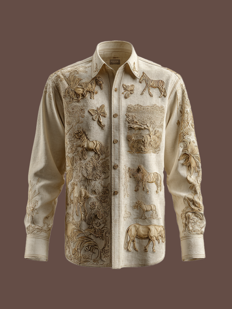 Western Cowboy Style Animal Elements Retro Cotton And Linen Men's Shirt elevenforest