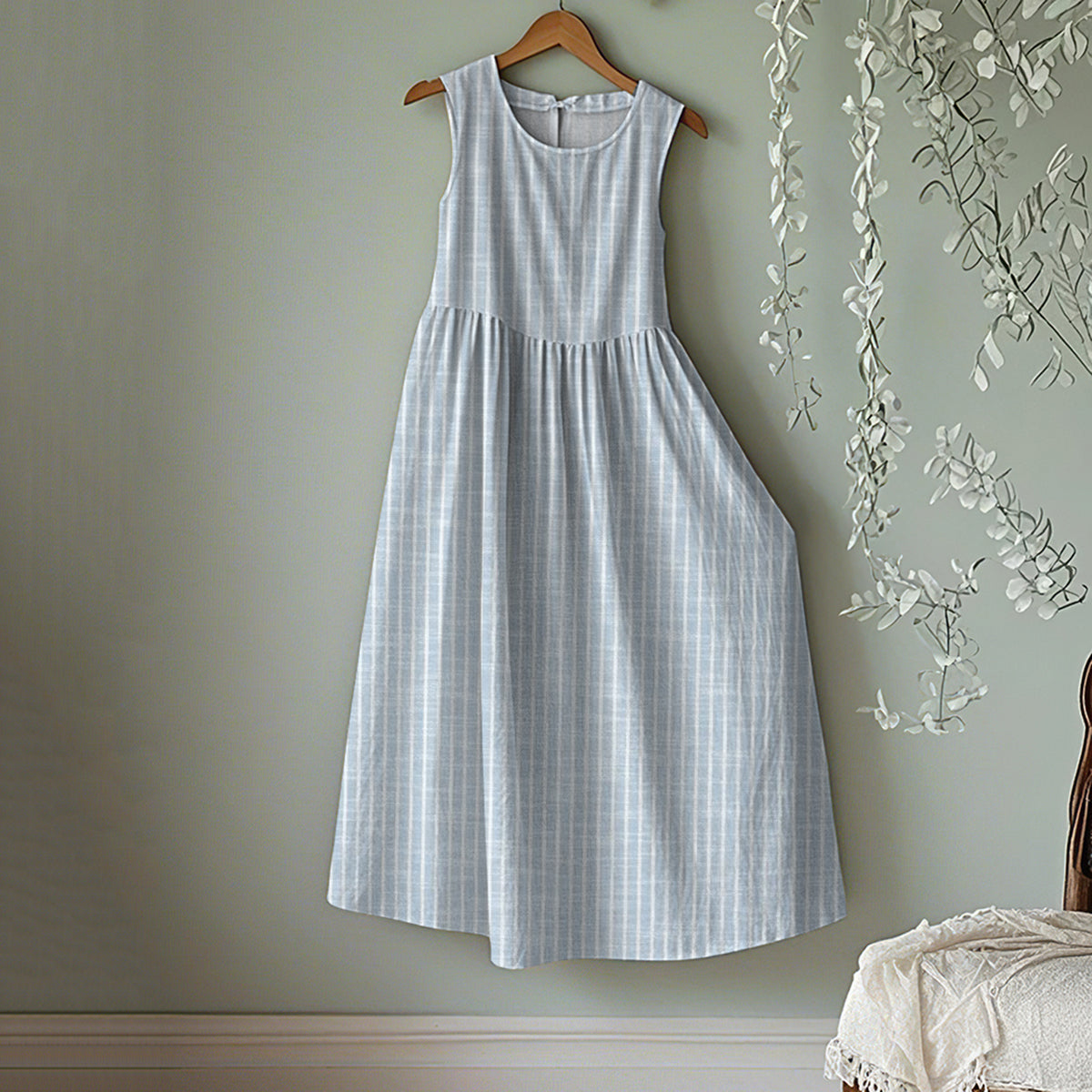 Vintage Stripe Art Linen Tank Midi Dress elevenforest