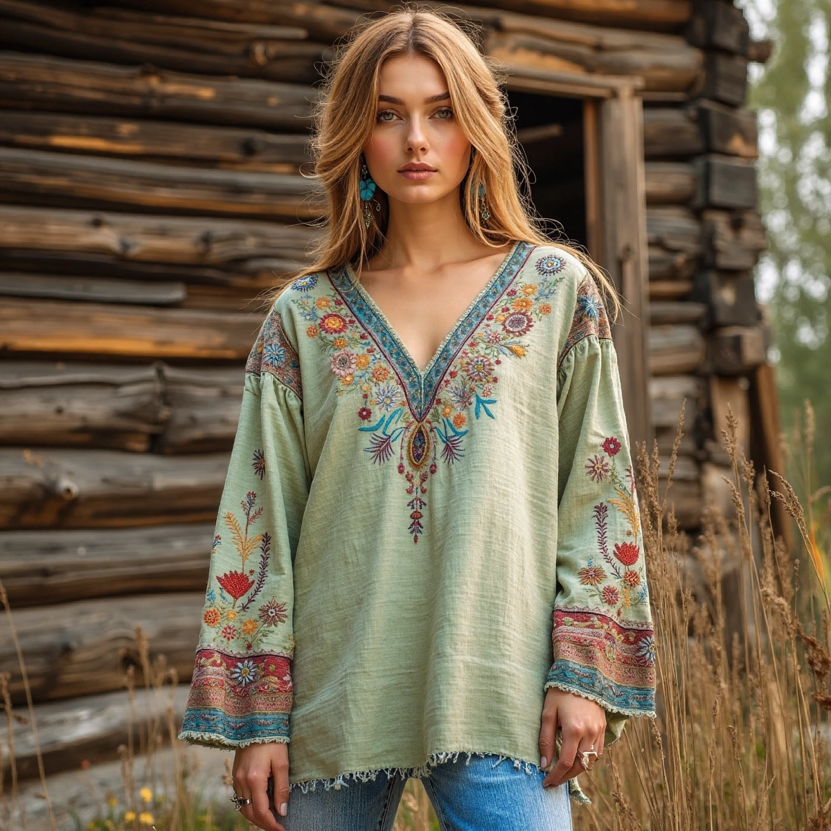 Retro Bohemian Tribal Art Embroidery Print Cotton And Linen V-neck Loose Shirt elevenforest