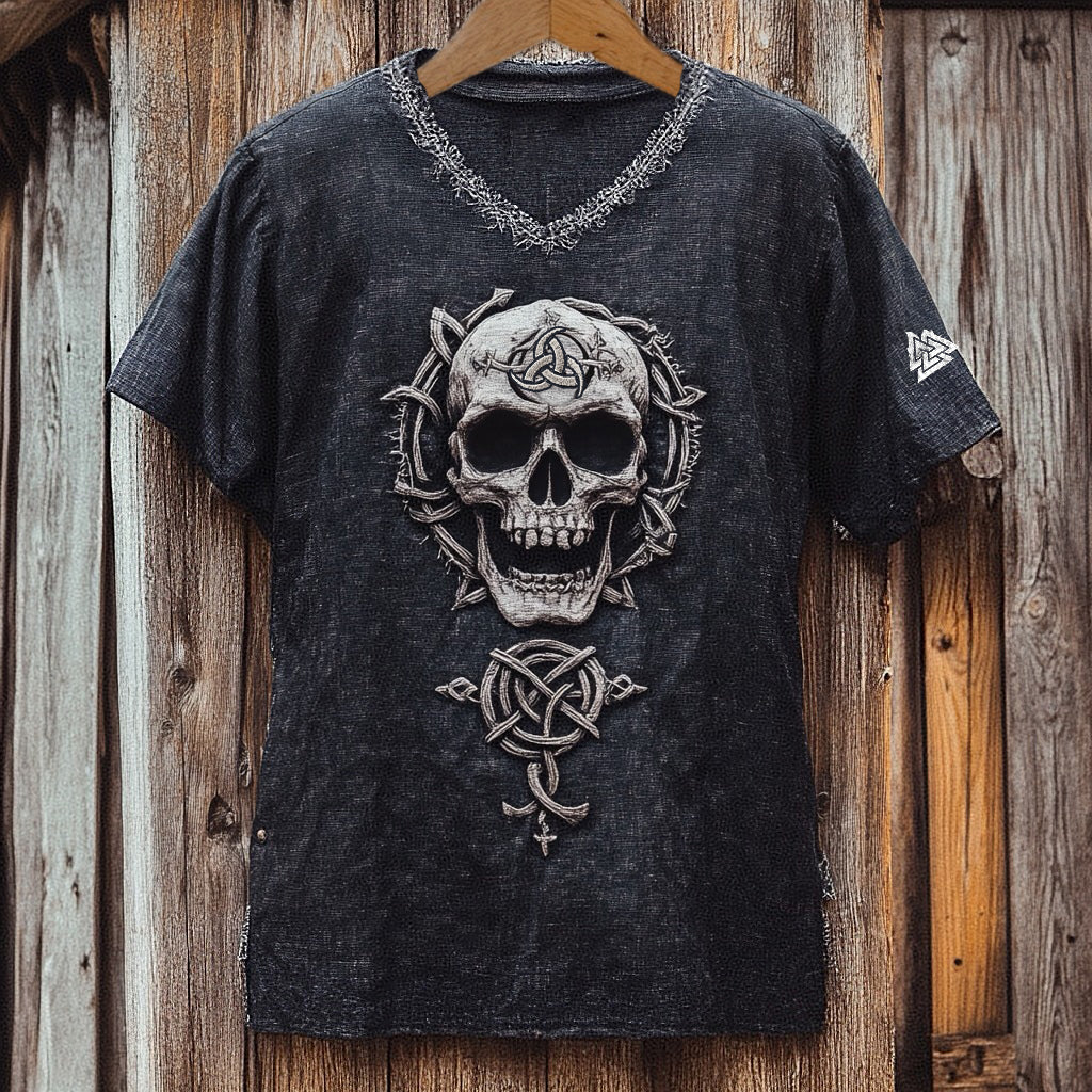 Men's Viking Celtic Skull Runes Washed Linen T-shirt elevenforest