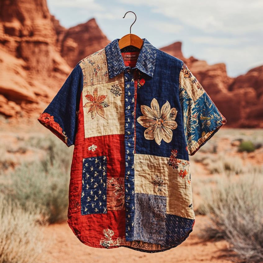 Men's Independence Day America Blue Red With Floral Pattern Art Casual Short Sleeve Shirts elevenforest