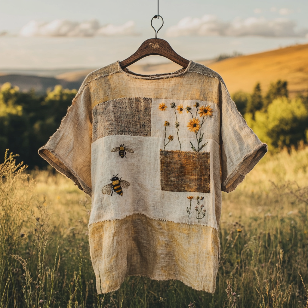 Vintage Bee Wildflowers Patchwork Print Linen T-shirt elevenforest
