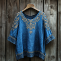 Comstylish Baroque Print Crew Neck Linen Blend Casual T-shirt