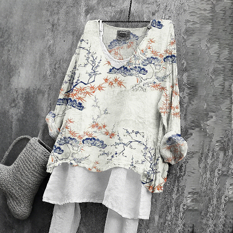 Women's Japanese Floral Art Print V-neck Loose T-shirt elevenforest