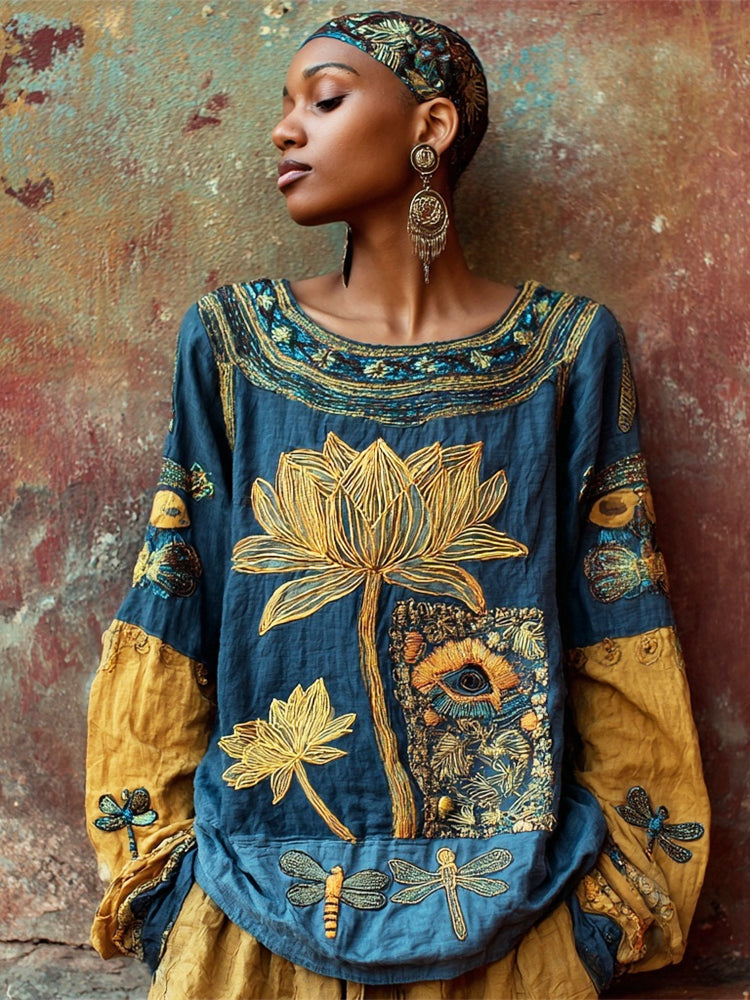 Egyptian Seshen Lotus & Dragonfly Pattern Women's Linen Loose Shirt elevenforest