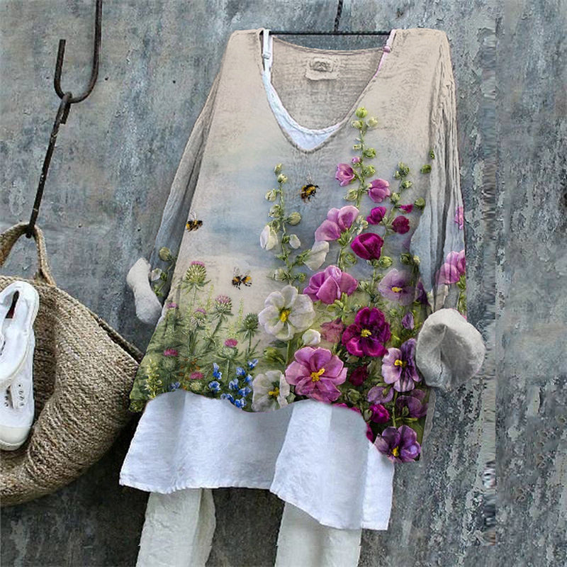 Women's Floral Embroidered Linen Blend Vintage Shirt elevenforest
