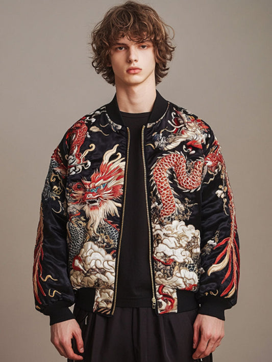 Men's Vintage Japanese Art Dragon Embroidery Print Coat elevenforest