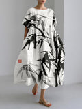 Bamboo Ink Painting Art Linen Blend Maxi Dress
