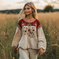 Retro Bohemian Floral Embroidery Art  Linen Blend Loose Blouse elevenforest