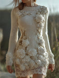 Vintage White Roses Fiber Art Lace Cozy Sweater Dress