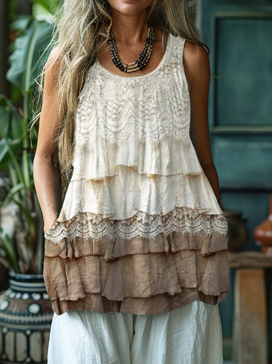 Comstylish Vintage Floral Lace Layered Flowy Linen Tank Top