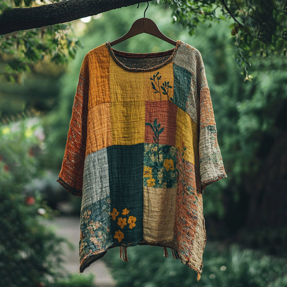 Vintage Color Block Floral Loose Linen Blend T-shirt elevenforest