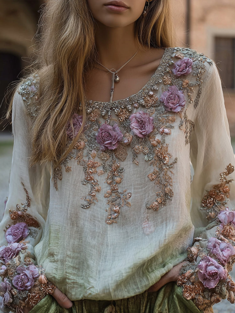 Women's Purple Romantic Vintage Round-neck Long-sleeved Shirt elevenforest