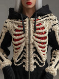 Halloween Skull Sequin Art Knit Zipper Hooded Sweater artswardrobe