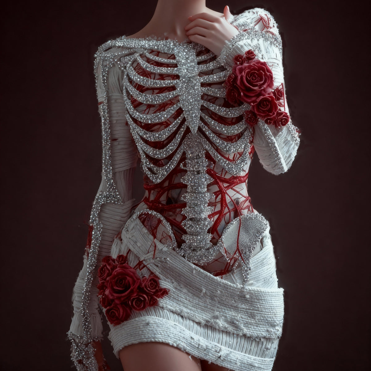 Comstylish Women's Skeleton Red Rose Art Knit Mini Sweater Dress