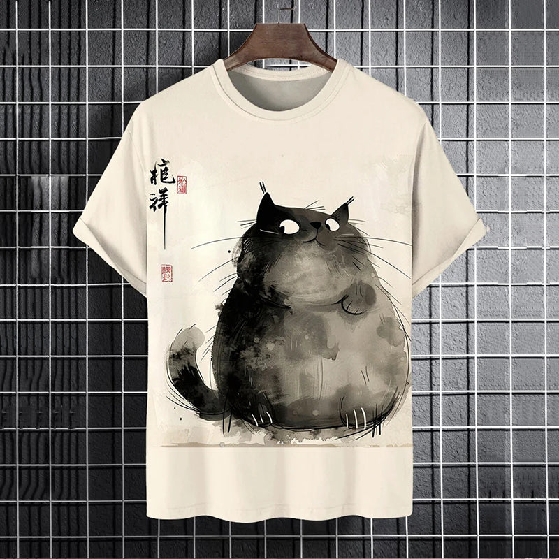 Men's Fat Cat Ink Painting Graphic Print T-shirt elevenforest