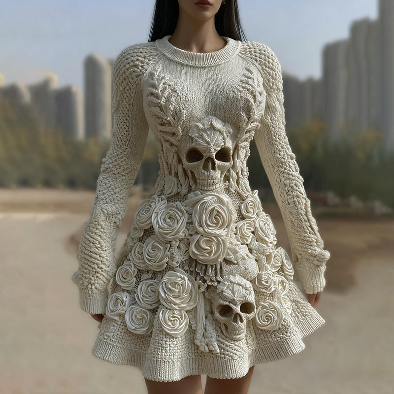 Women's Halloween Skull With Rose Art Cozy Knit Sweater Dress elevenforest