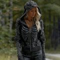Women's Vintage Skeleton Rose Gothic Art Zipper Knit Hooded Sweater artswardrobe