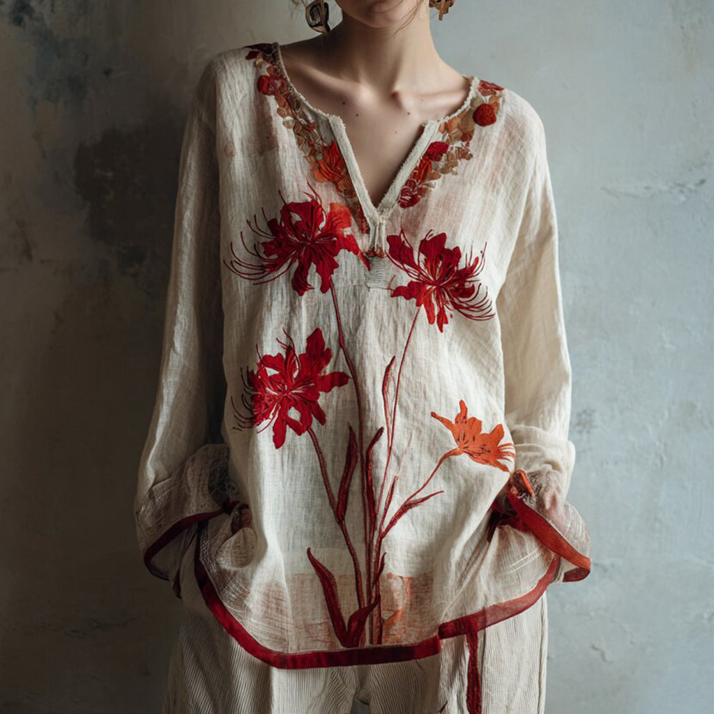 Women's Japanese Spider Lily Embroidered Cotton And Linen Shirt elevenforest