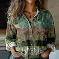 Bohemian Style Flowers Patchwork Art Linen Print  Long Sleeve Shirt elevenforest