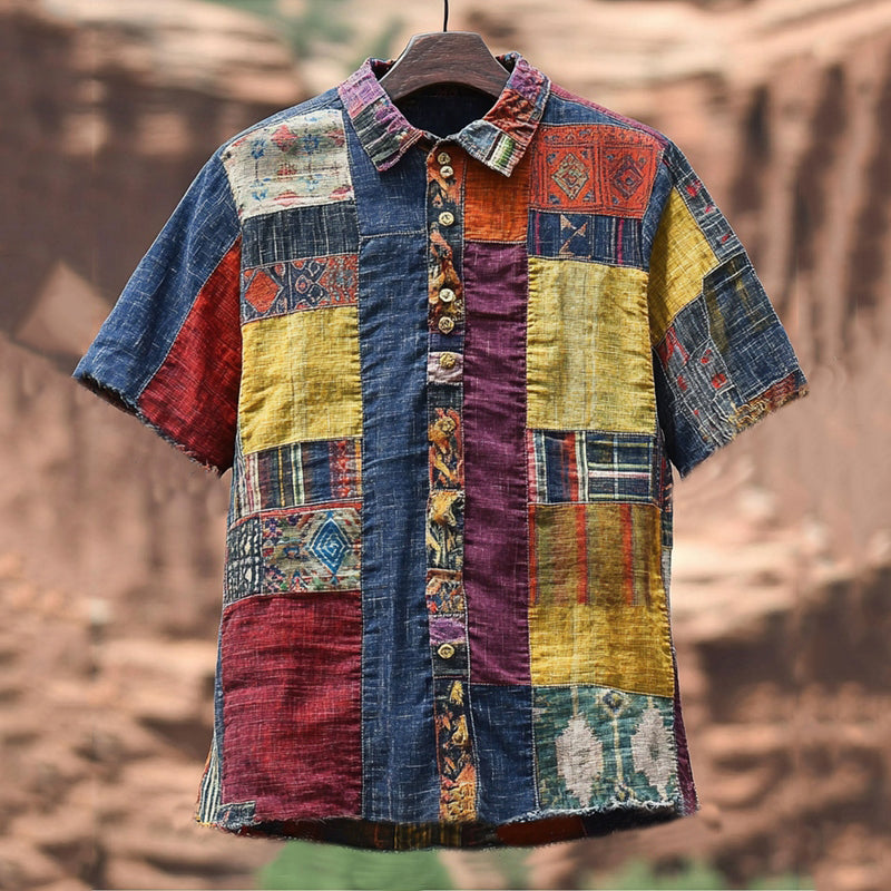 Men's Vintage Spliced ​​contrasting Linen Shirt elevenforest