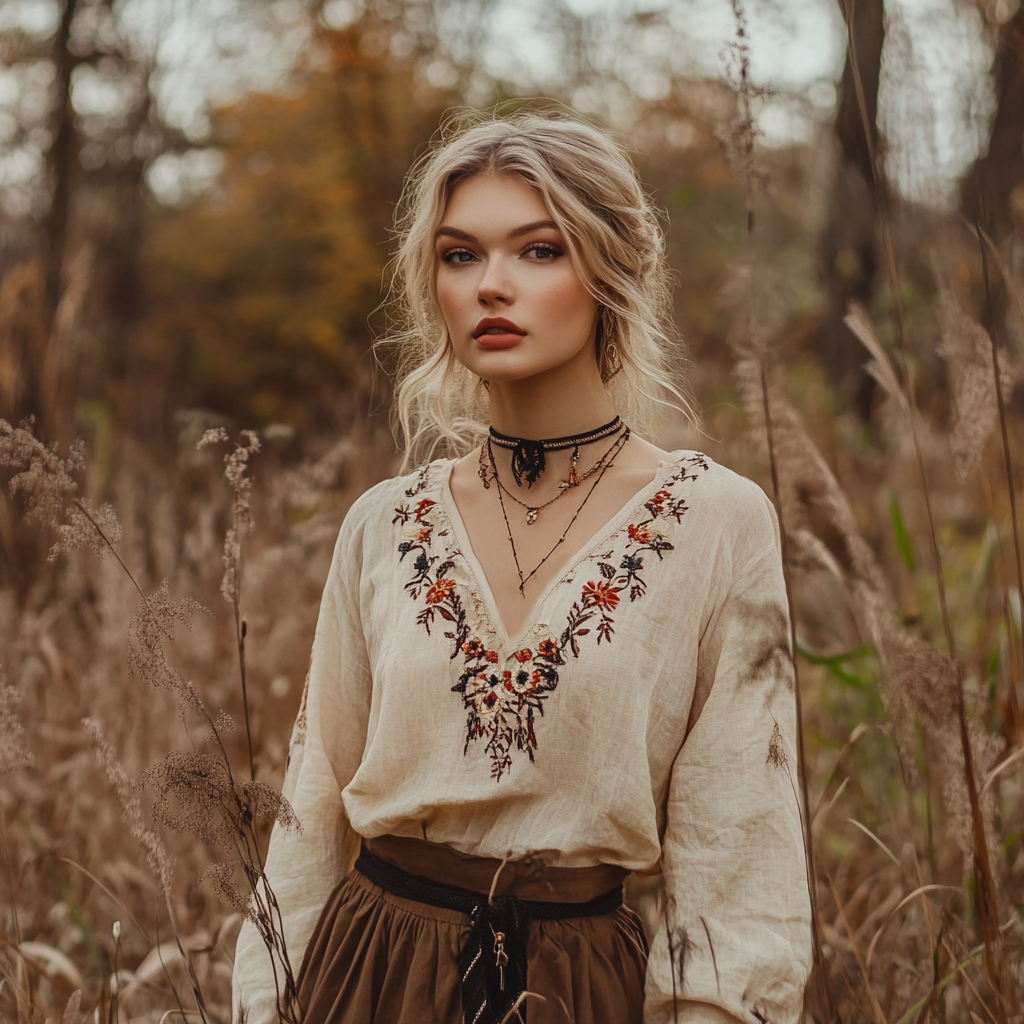 Vintage Bohemian Embroidered Linen V-neck Shirt elevenforest