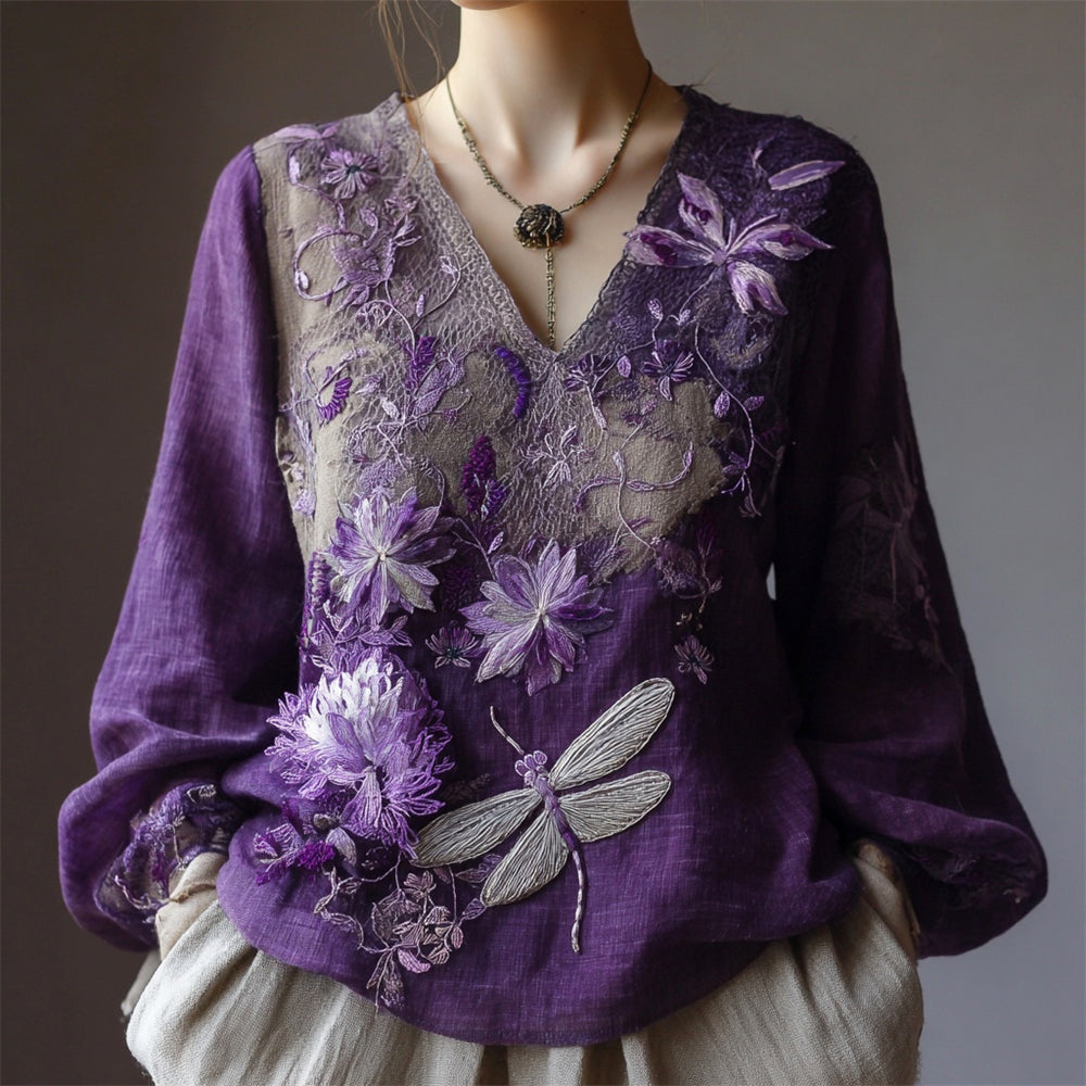 Boho Dragonfly Floral Embroidery Women's V-neck Linen Long Sleeve Shirt elevenforest