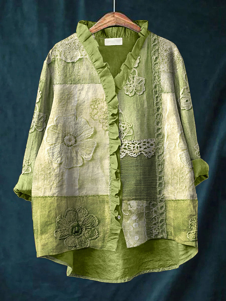 Lace Floral Embroidered Linen Blend Ruffle Shirt elevenforest