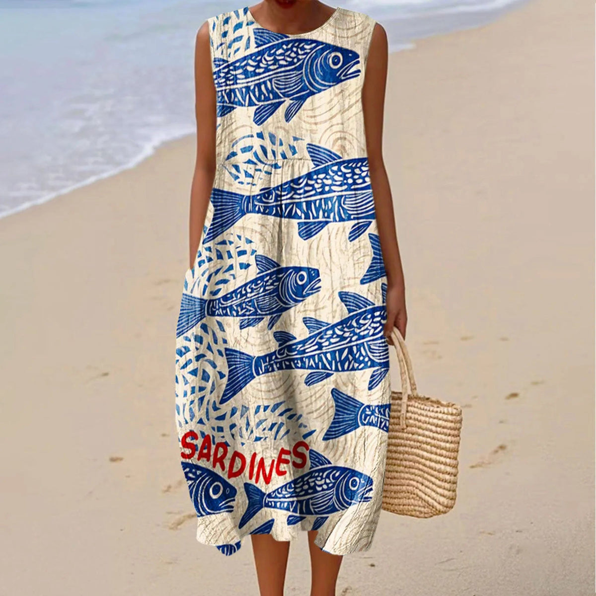 Women's Vintage Fish Sardines Art Print Cotton Casual Sleeveless Dress elevenforest