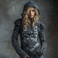 Comstylish Women's Vintage Cute Cat With Rose Art Knitted Warm Hooded Sweater