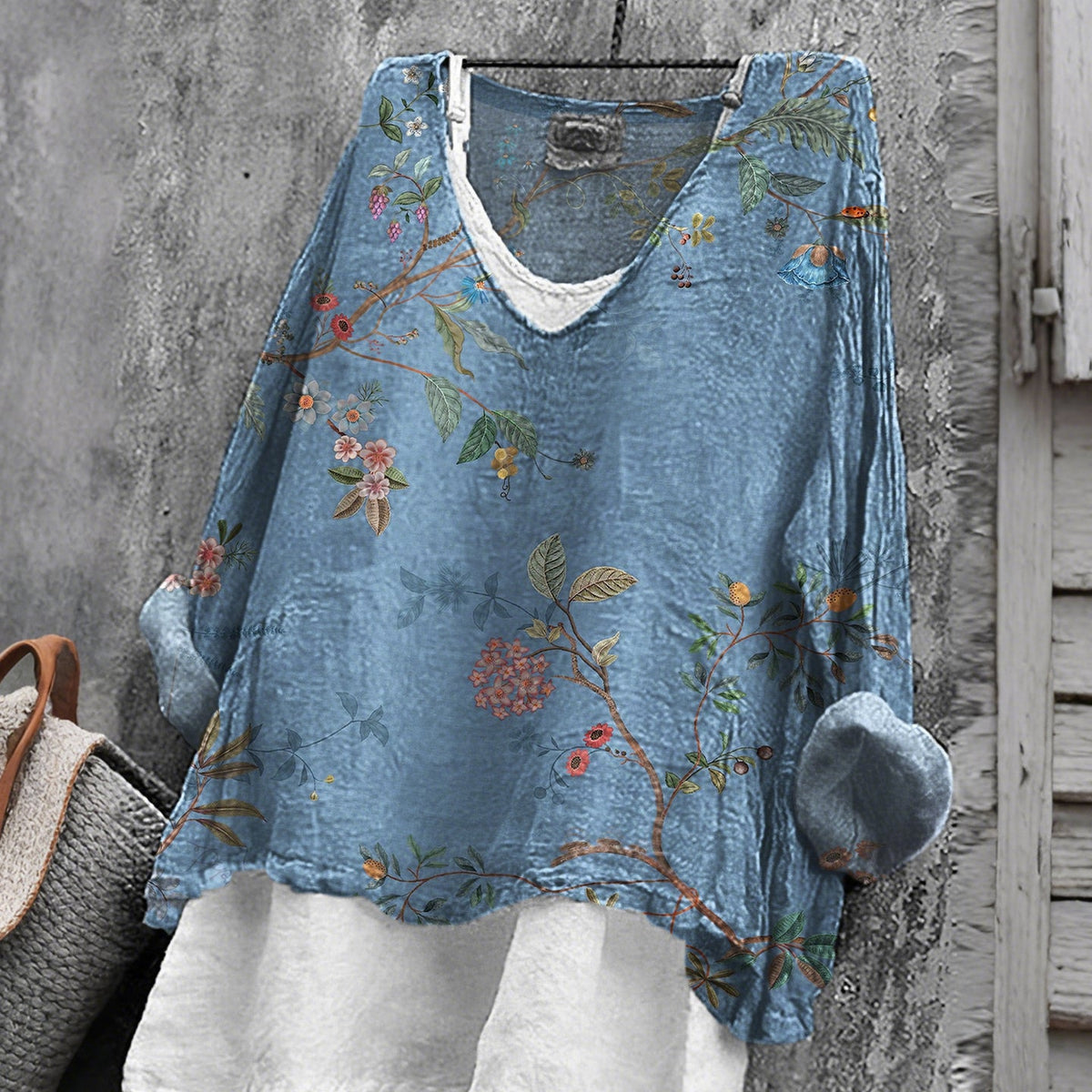 Comstylish Women's Vintage Floral Art Print V-neck Loose Linen T-shirt