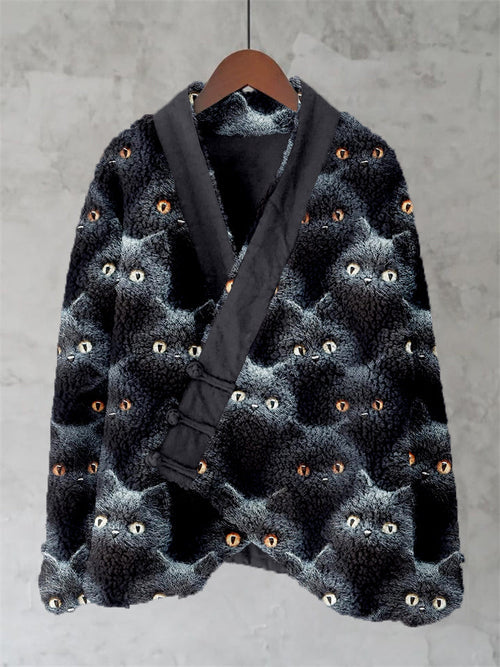 Cute Black Cats Felt Art Cozy Fleece Kimono Cardigan