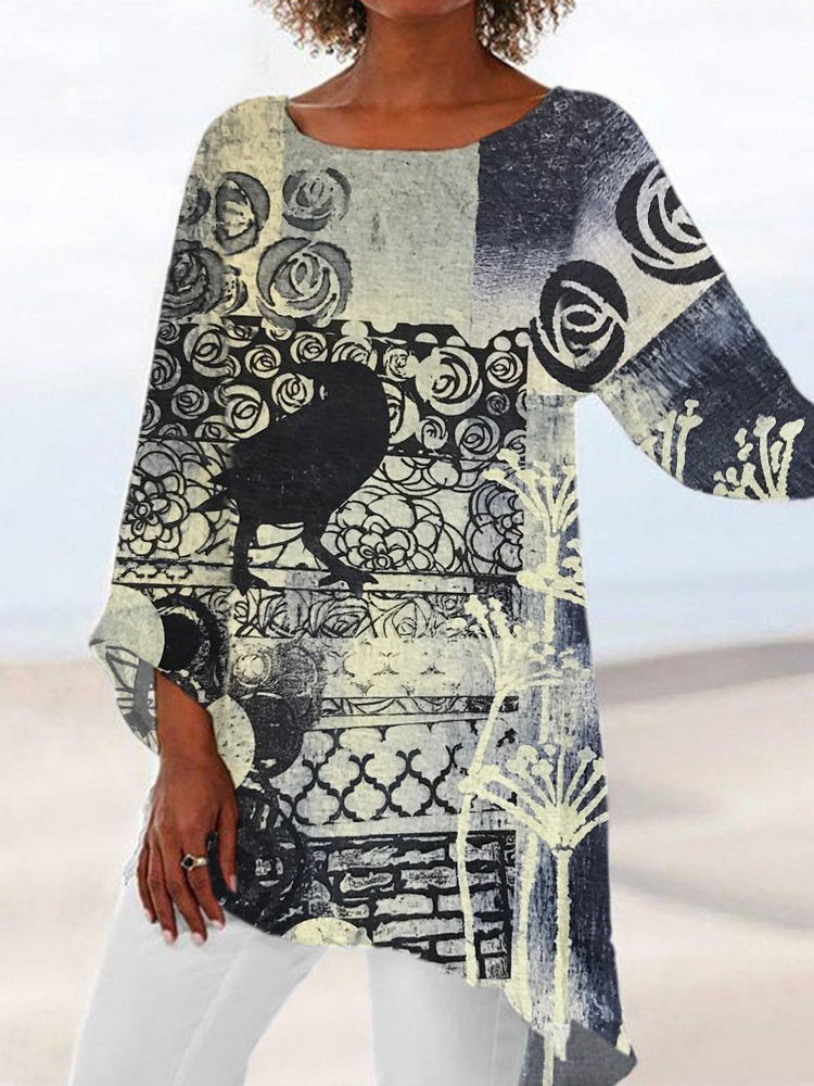 Raven & Rose Vintage Pattern Women's Linen Long Shirt elevenforest