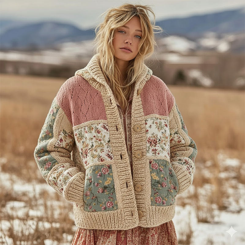 Comstylish Women's Floral Patchwork Comfortable Hooded Knitted Sweater